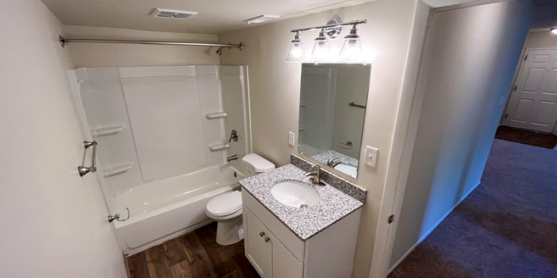 A neatly organized bathroom featuring a white vanity, mirrored medicine cabinet, and a shower with built-in shelves, set against gray walls and wood-style flooring.